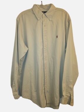 Ralph Lauren Men’s Button-Down Dress Shirt in Light Tan with Burgundy Pony